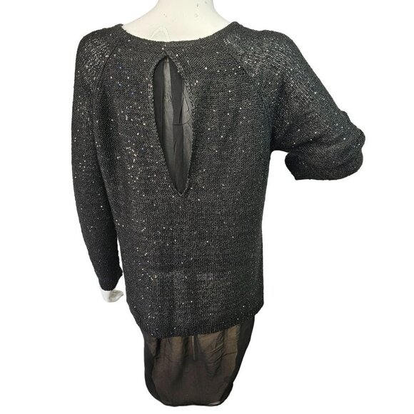 Mixumi Black Mesh Knit Sequin Sweater Sheer High Low Cut Out Back Womens M - Picture 1 of 11